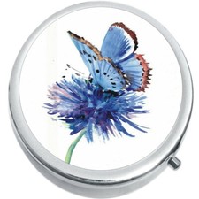 Watercolor Blue Purple Butterfly Flower Medicine Pill Box