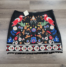 Altar'd State Linen Blend Boho Embroidered Mini Skirt Floral Bird Medium NWT 60