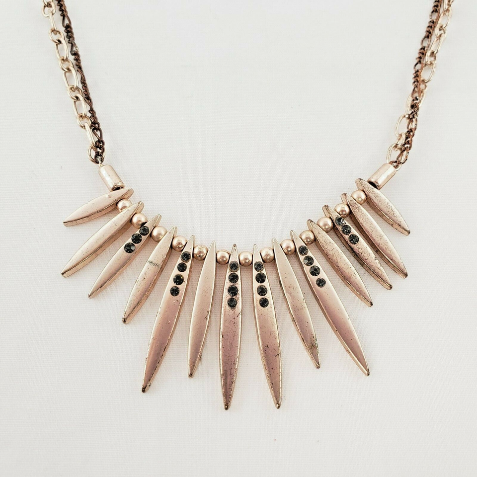 Necklace Bib Statement Double Chain Copper Brassy Tone Crystal Drops