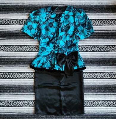 Vtg USA After Dark 8/M Short Sleeve Peplum Cocktail Evening Dress Blue Velvet