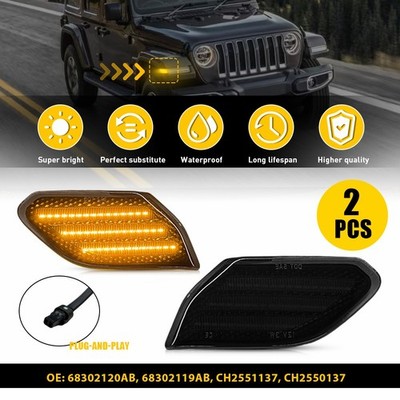 2x Smoked Front Bumper Side Marker Light w/Amber LED For 18-on Jeep Wrangler JL