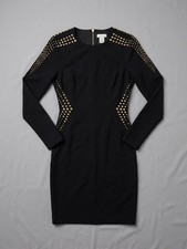 Cache Dress Size 4 Womens Little Black Sexy Gold Studs Long Sleeve Sheath