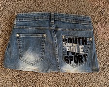 Womens Y2K South Pole graphic print Jean blue denim Distressed mini skirt size M