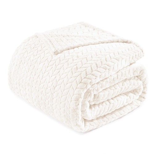 Off White Fleece King Size Blanket for Bed, 90x104 Inches Soft Cozy Jacquard ...