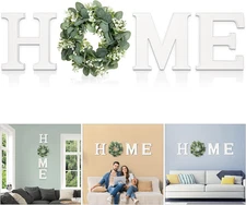 Modern Wooden Home Sign with Artificial Eucalyptus Wreath, White and Beige, 13.8
