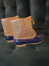 Sugar Boots Women 9M Gold Glitter Navy “Skipper” Lined Duck Boots Waterproof NEW