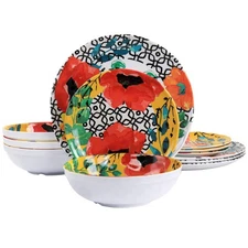 Grace 12 Piece Melamine Dinnerware Set, Multi- Red/Yellow/Green/Blue