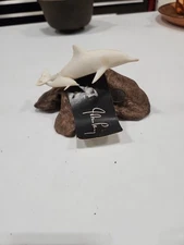 Vintage John Perry 2 White Dolphins~Mother & Baby On Burl Wood Sculpture