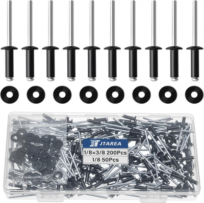 #ad 250PCS 1 8quot;x3 8quot; Black Aluminum Pop Rivets w Stainless Washers Blind Rivet Kit $17.48