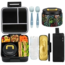 Lunch Box with 8oz Soup Thermo, Leak-proof 5 Compartment (A-Black Game Console)