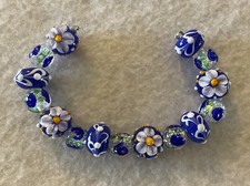New 6  Strand Exquisite Blue  White Floral LampWork Glass Beads 10-14mm