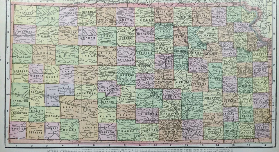 Vintage 1900 KANSAS Map 14"x11" ~ Old Antique Original SALINA TOPEKA WICHITA - Image 3 of 4