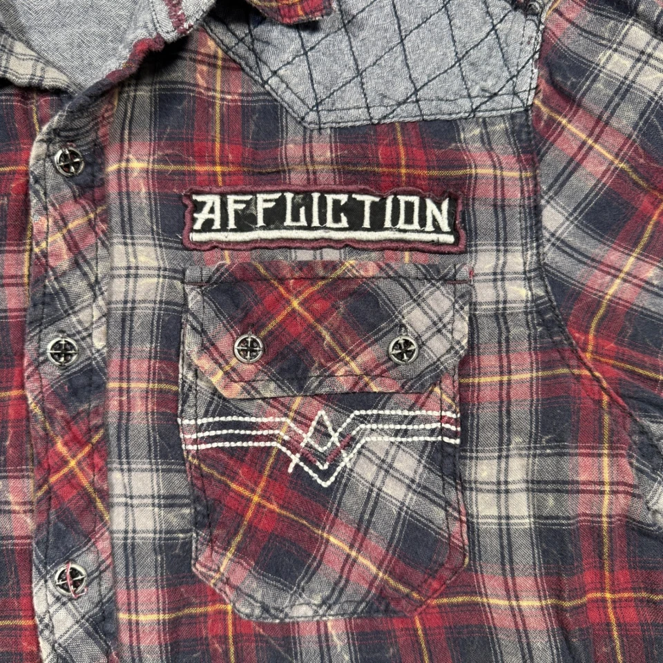Y2K Affliction Men's Flannel Shirt Red Plaid Distressed Patches Size M - Image 3 of 4