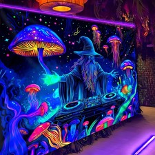 Large UV Tapestry Wizard DJ Jellyfish Mushroom Fluorescent Wall Hanging Backdrop