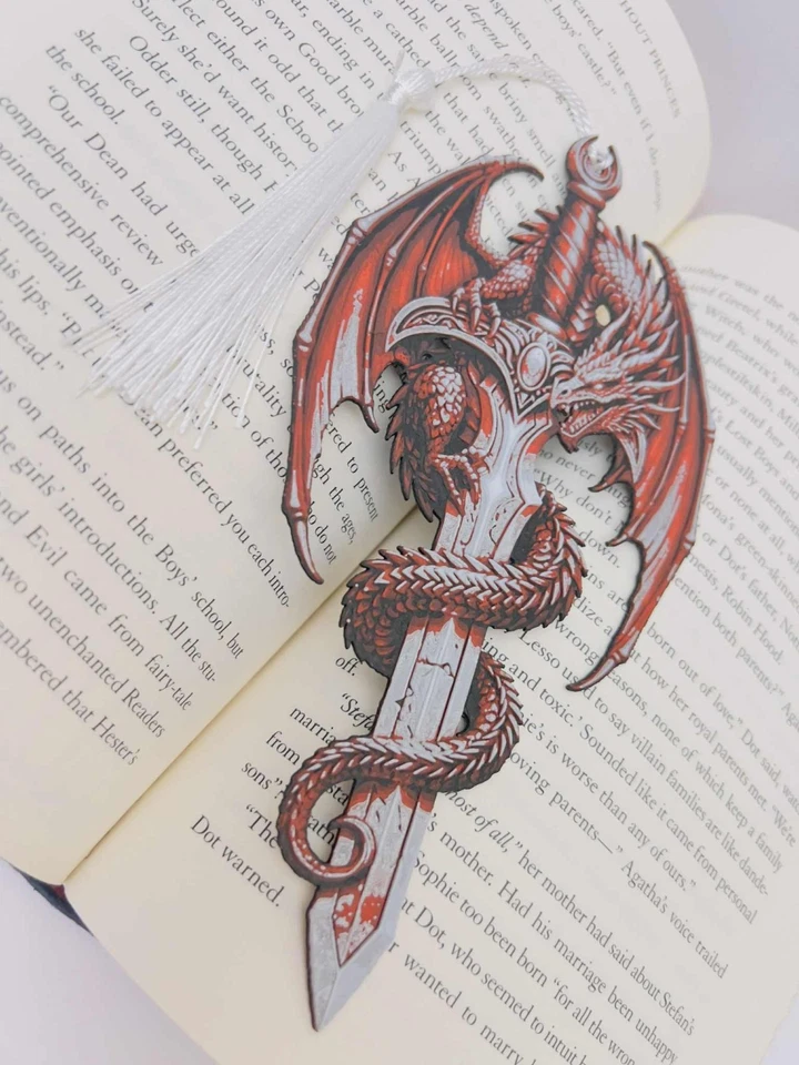 Crimson Dragonblade Bookmark – 3D Printed Fantasy Dragon & Sword Gift