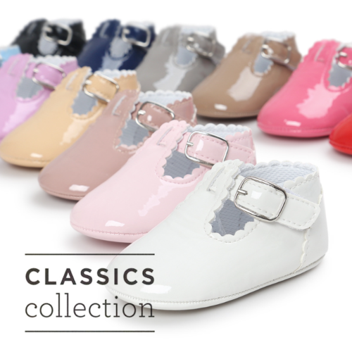 Newborn Infant Baby Girl Spanish Style Patent Pram Shoes Mary Jane Shoes 0-18 M - Afbeelding 1 van 40