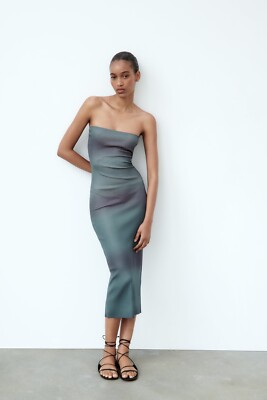 Zara Tricot Robe Bandeau Moulant Midi Moulante Bleu Ombre L