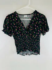 ABOUND Crop Top Women's Size XXS Black V-Neck Ruffled Blouse Floral NWT!
