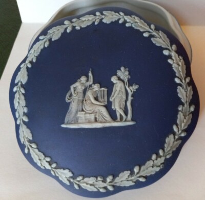 Antique Wedgwood Dark Blue Cobalt Covered Dresser Box, Trinket Jar, Muses Cupids