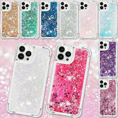For iPhone 17 16 15 14 13 Pro Max 12 Liquid Glitter Heart Phone Case Clear Cover