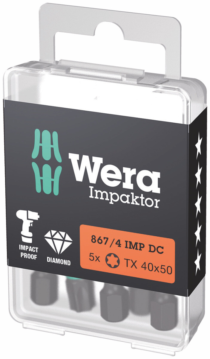 WERA - Bit Impaktor per viti Torx , 1/4 pollice E 6,3 Set con 5 bit