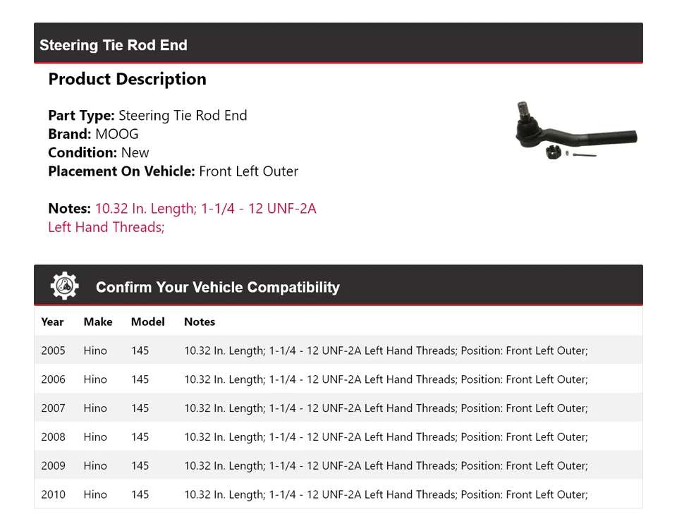 Extremo de barra de amarre de dirección delantero izquierdo exterior MOOG 2005 2006 2007 para Hino 145 2005-2010 Foto 2 de 4