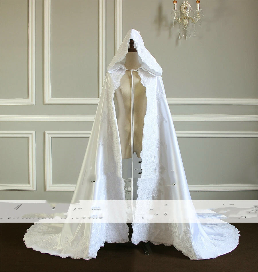 Satin Lace Wedding Cloak Bridal Cape Hooded Wraps White Ivory Applique  Custom