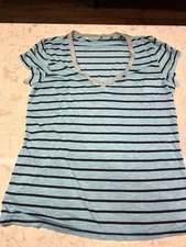Michael Stars V Neck Striped Short Sleeve Light Blue Tee Shirt One Size NWOT