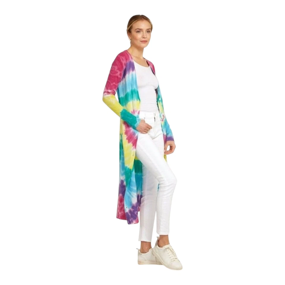 Maxi Cárdigan Otoño Cachemira 100% Cachemira Tie Dye en Brillante Multi Para Mujer M Foto 3 de 4