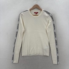 Guess Jasmine LS Sweater Womens Large White Logo Tape Ribbed Crew Neck Knit NWT