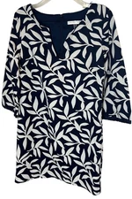 Trina Turk Classic Shift Size 8 Blue White Dress Fringe Sleeve Leaf Print