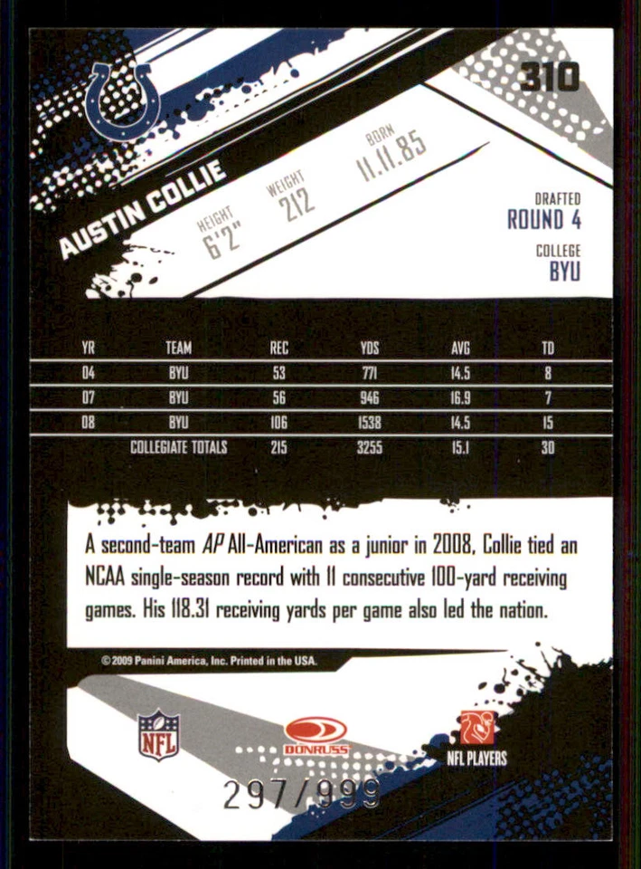 2009 Score Inscriptions #310 Austin Collie RC /999 - Image 2 of 2