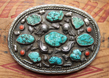 Vintage Hand Made Sterling Silver Turquoise Coral Native American Belt Buckle