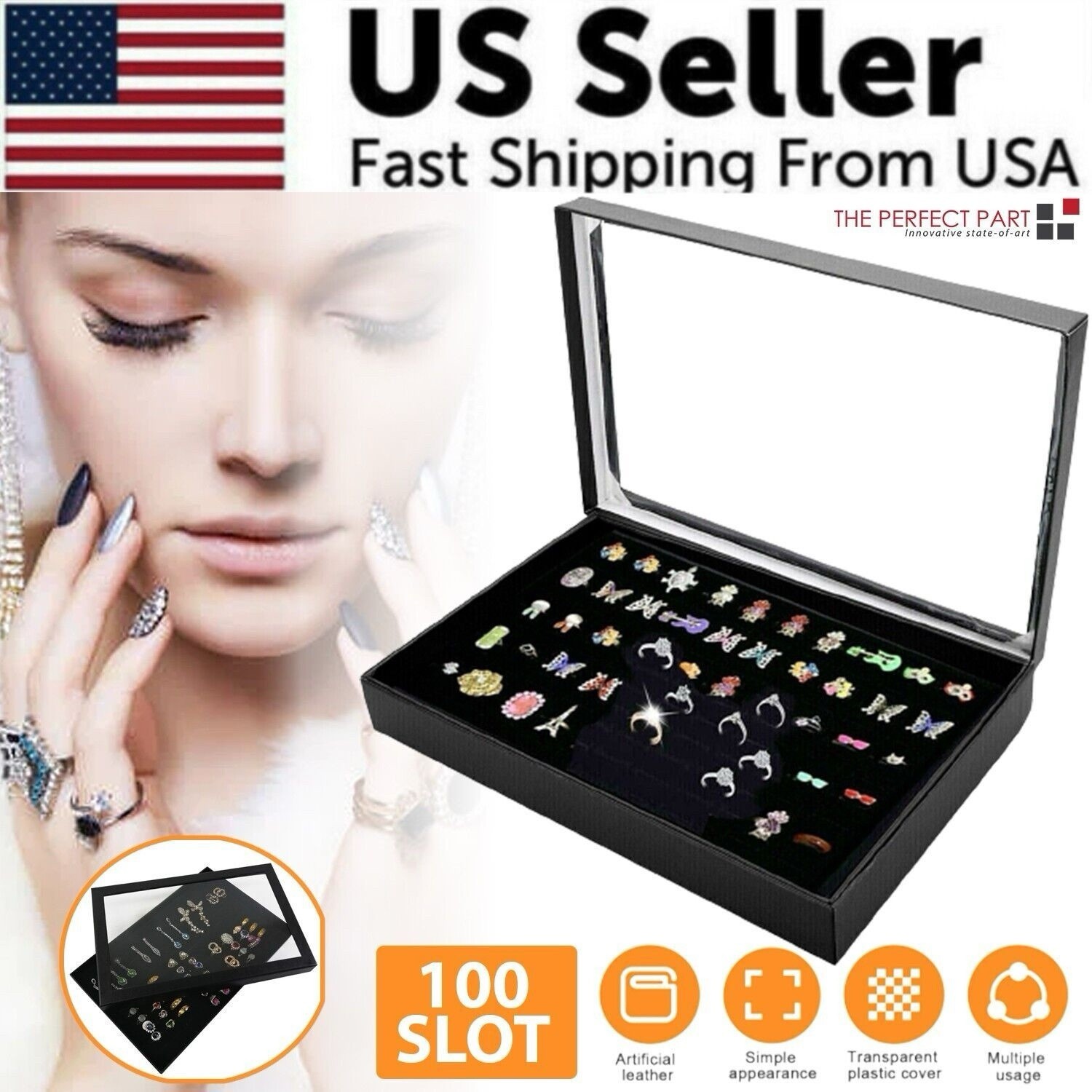100-Slot Jewelry Ring Display Organizer Tray with Earrings Storage Case