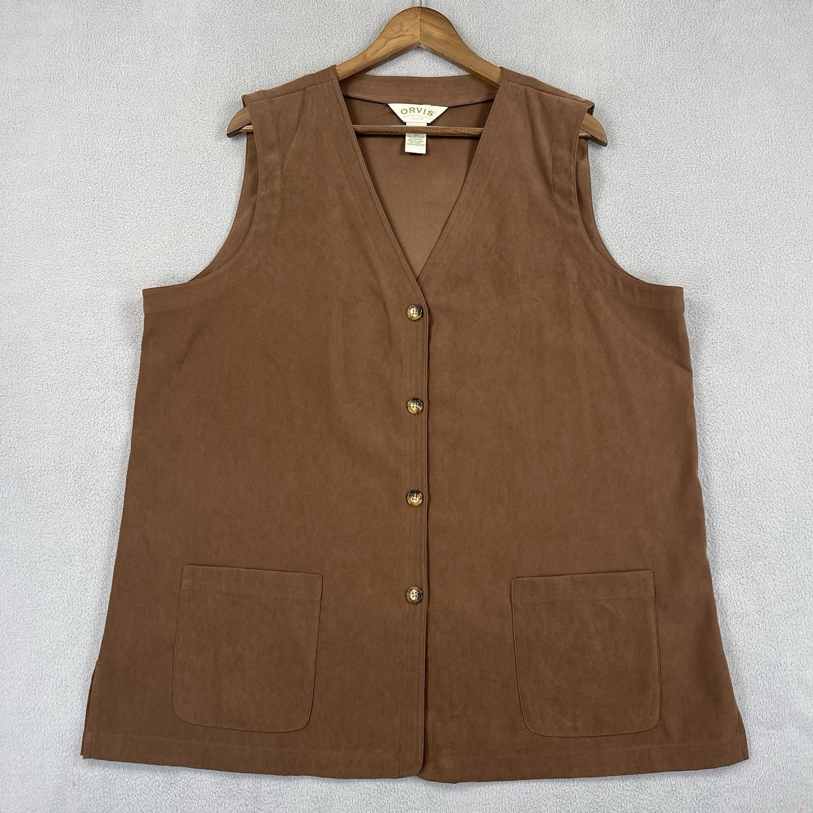 Orvis Waistcoat Vest Womens XL Brown Suede Button Front Pockets Western Fishing
