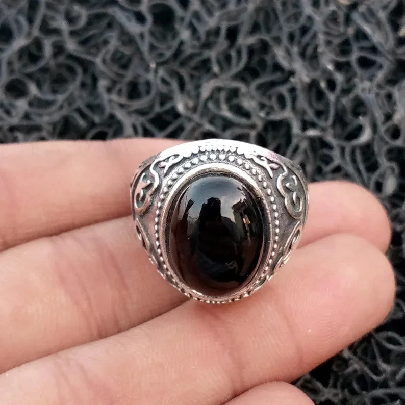 Anillo de ónix negro de plata de ley 925 hecho a mano declaración popular anillo para hombre B107 Foto 4 de 4
