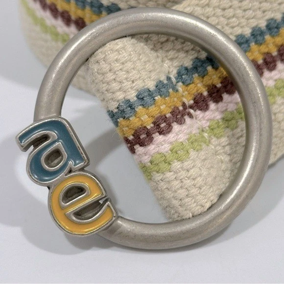 American Eagle 复古 Y2K 多色条纹棉帆布布腰带 M — 第 3/4 张图片