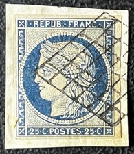 Timbre France Classique N°4 25c bleu, obl grille TB.