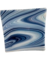RARE Contemporary Fused Art Glass Square Dish Plate 8  White  Blue Swirl