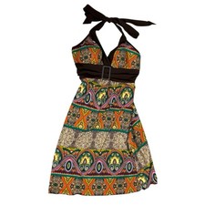 Vintage Y2K BCX Small Brown Multicolor Paisley Halter Neck Dress Hippie Boho