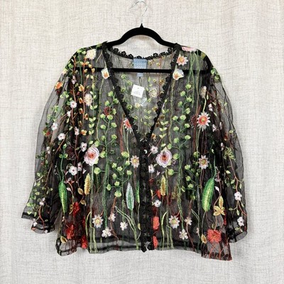 Black Sheer Floral Embroidered Mesh Cardigan NWT Whimsygoth Fairy Boho Ethereal