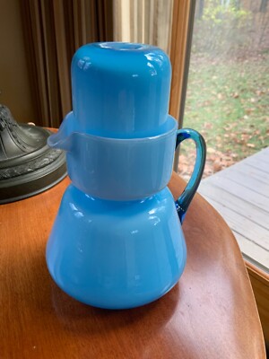 Vintage Carlo Moretti Murano Blown Art Glass Cased Blue Tumble Up Set
