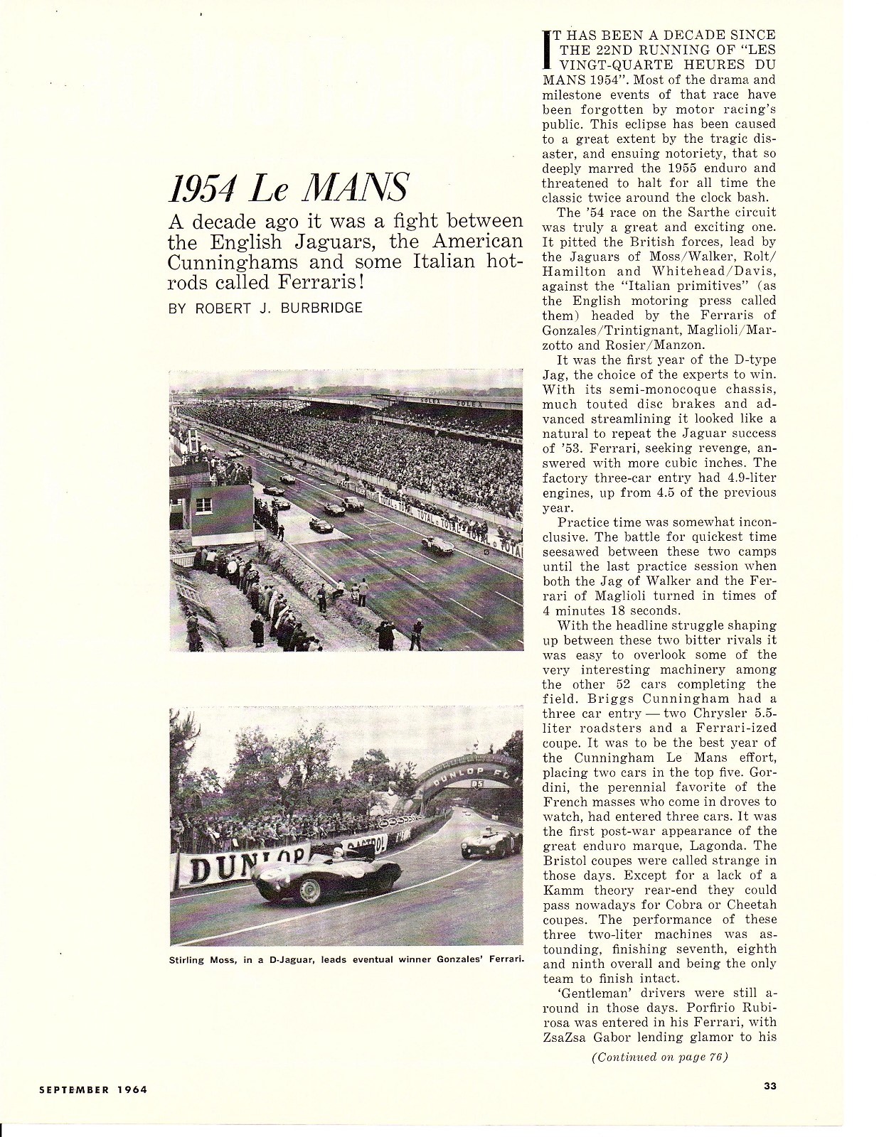 1954 24 HOURS OF LE MANS ~ ORIGINAL 3-PAGE 1964 ARTICLE