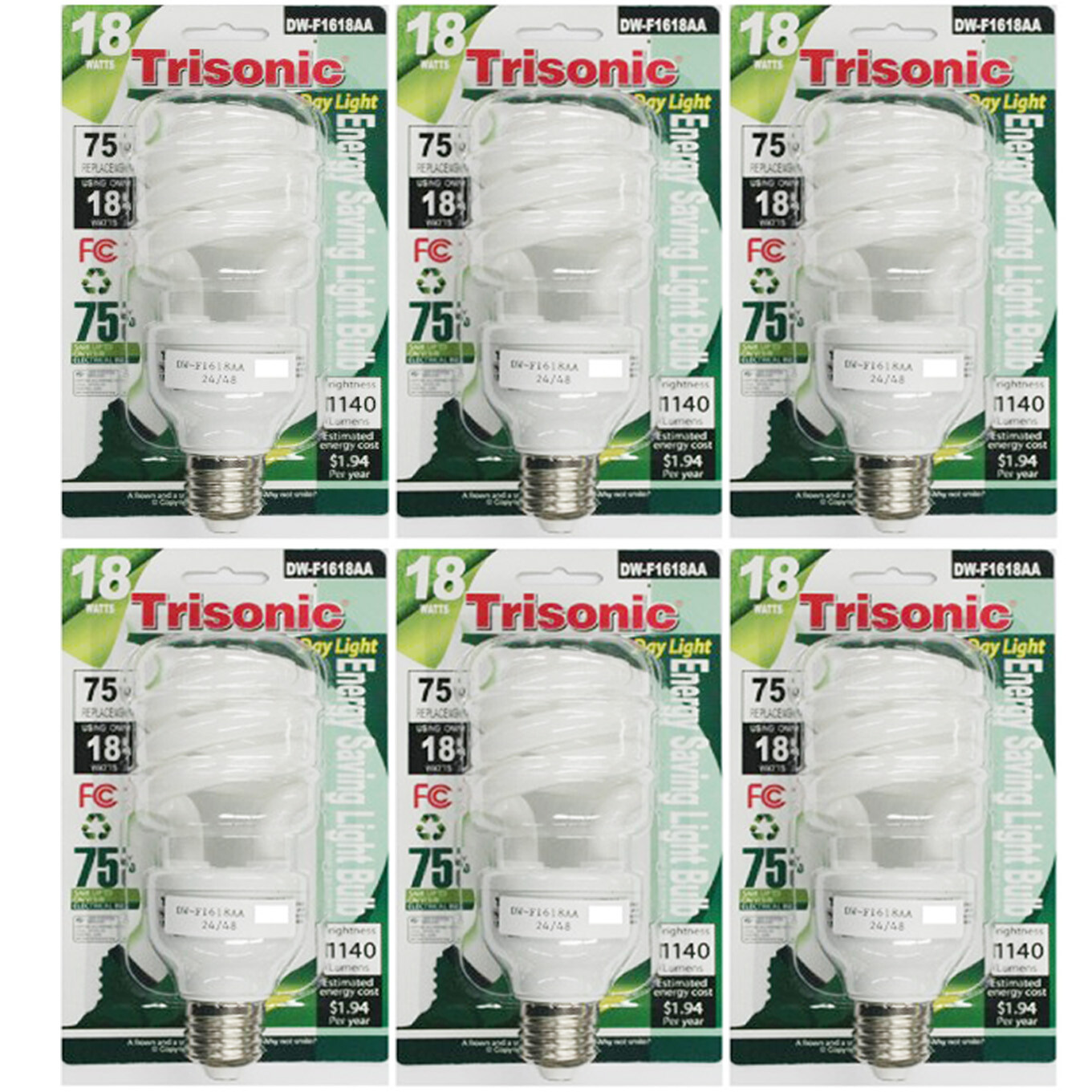 Daylight Bulb Light 18 Watt Energy 75 Watt Output White Comp