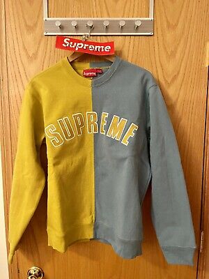 FW18 Large Supreme Split Arc Logo Crewneck Sweatshirt Mustard Yellow Blue |  eBay