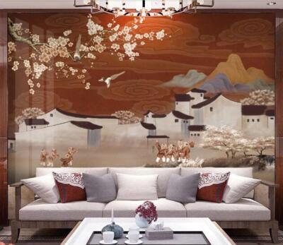 3D Branch Cloud House 45397NA Wallpaper Wall Murals Removable Wallpaper Fay