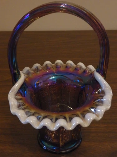 Fenton Art Glass Carnival Butterfly & Berry Basket with Milk Edge Mint! QVC 1994