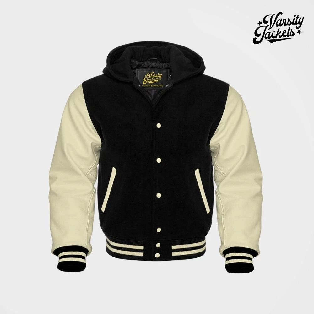 Black body Cream Sleeves Hoodie Varsity Jacket Premium Quality Baseball