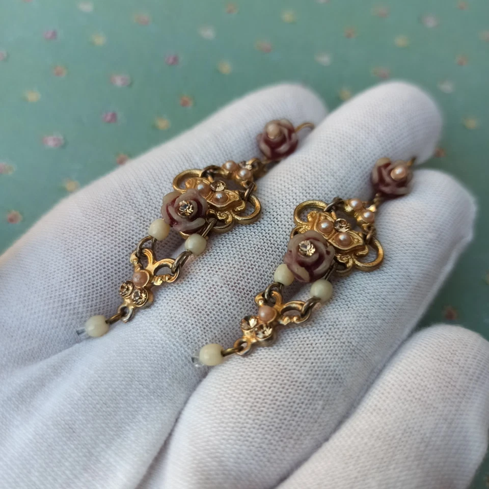 Michal Negrin Earrings Filigree Carved Rose Gold Plated Victorian Crystals Gift - Image 3 of 4