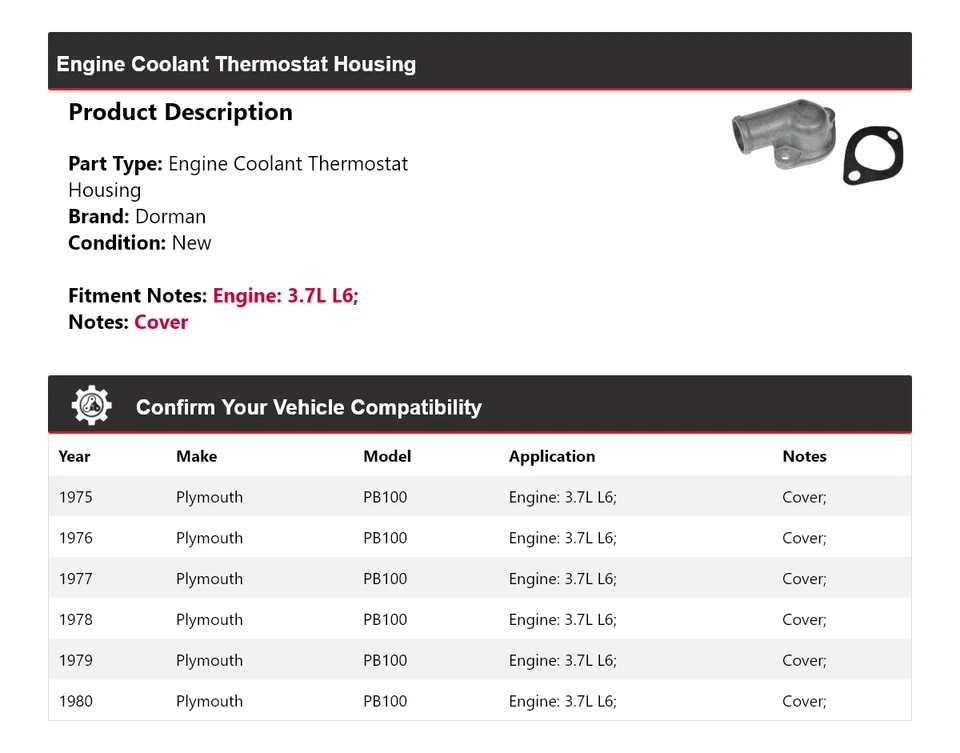 Carcasa termostato refrigerante motor Dorman 3,7 L L6 Plymouth PB100 1975-1980 Foto 2 de 4
